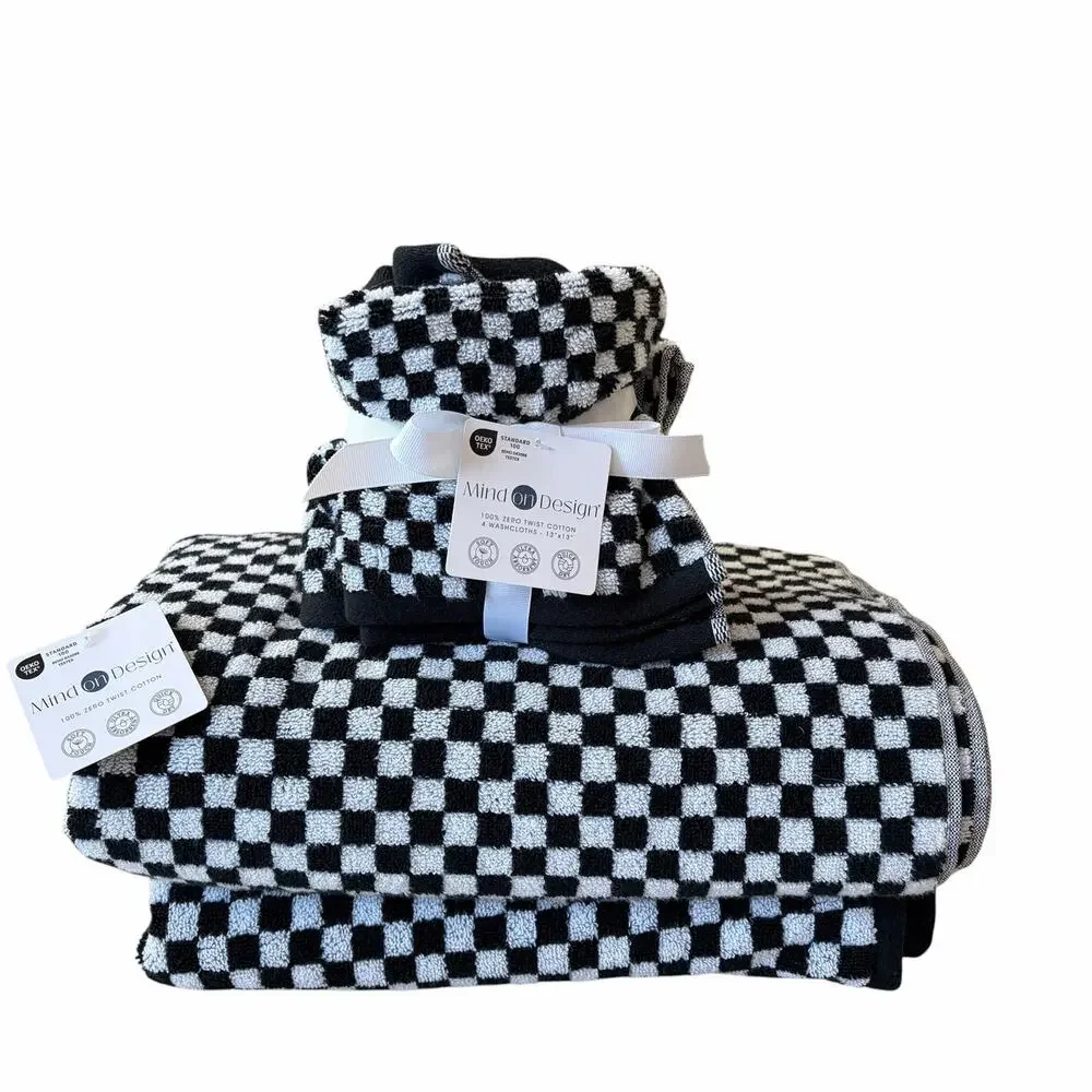6pc Chic Black & White Checkered Towel Set- 2 Bath Towels 4 Washcloths Cotton